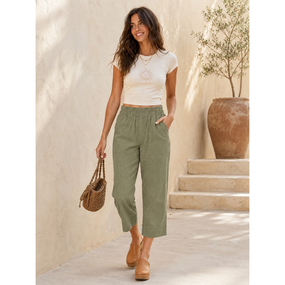 Pact Organic Cotton Hemp Blend Elastic Waist Crop Pants Sage Green XS